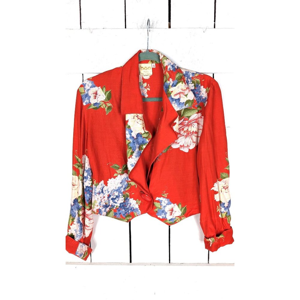 Vintage Paris France red floral cropped shirt blazer top